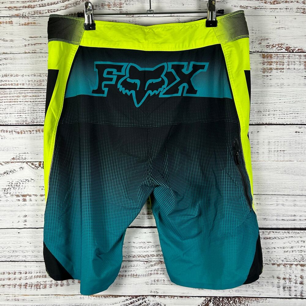Y2K Fox Racing Boardshort Yellow Teal Black Surf Retro Back Graphic Logo Mens 32